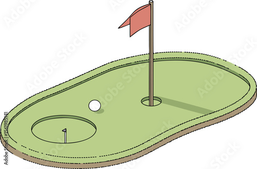 Golf Design Set Featuring Players Clubs Balls and Course Elements in Clean Style. Flat Style Golf Illustration Collection with Swing Action Green Field and Flags. Modern Golf Design Pack with Tee Off