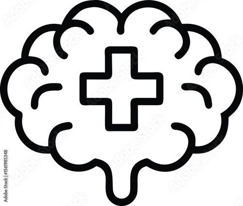Brain with medical cross icon, mental health care line art