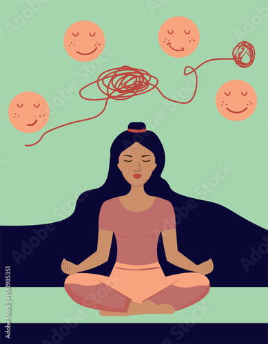 Mental health awareness concept with female character practicing meditation, mental clarity and mood regulation, flat art for wellness content.