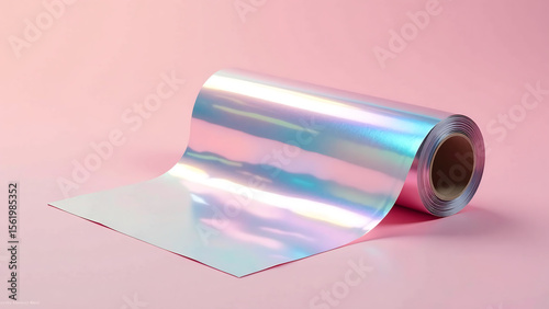 shimmering iridescent holographic foil roll lies flat soft pink background metallic sheen catching warm light precise