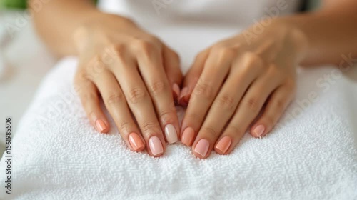 Wallpaper Mural Woman’s hands with nude nails resting on white towel	 Torontodigital.ca
