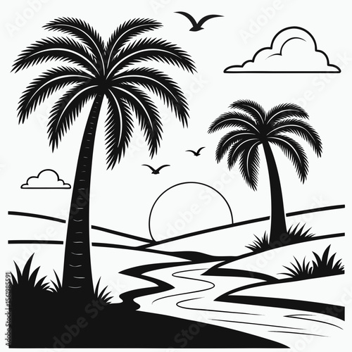 Black and white tropical landscape silhouette with palm trees sunset and flying birds