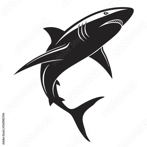 Powerful black and white illustration of a jumping great white shark against a white background