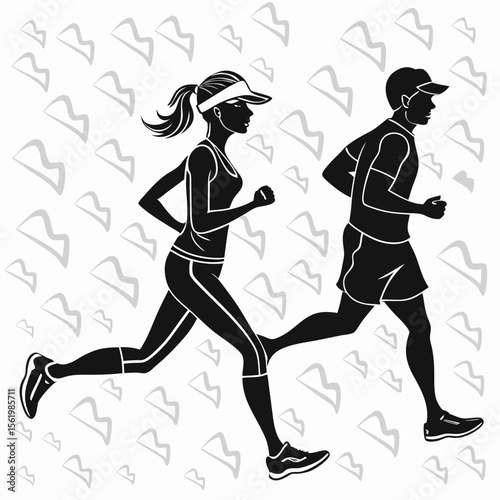 Silhouette illustration of a running couple in active sportswear exercising together against white background