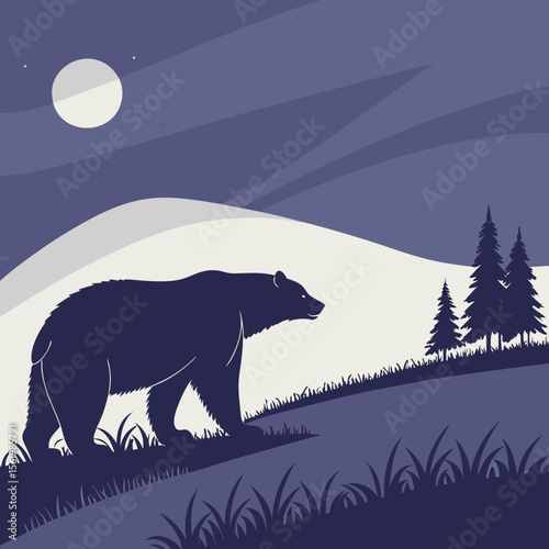 Silhouette of a bear walking through a night landscape under a moonlit sky