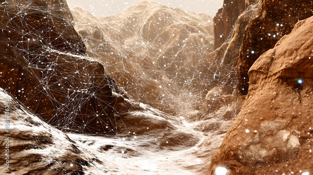 Obraz premium Martian landscape featuring crystalline web structures glowing under the low sun, resembling diamond networks.