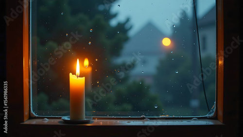 solitary yellow candle casts warm golden light onto windowpane dusk creating serene reflected glow amidst dark misty