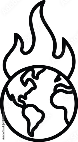 Burning planet line art representing global warming and climate change issues