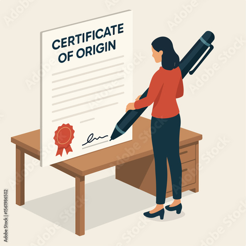 Isometric Woman Signing Certificate of Origin on Desk Illustration. white background