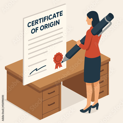 Isometric Woman Signing Certificate of Origin on Desk Illustration. white background