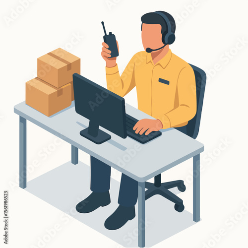 Isometric Person with Headset Holding Walkie Talkie at Desk Illustration. white background