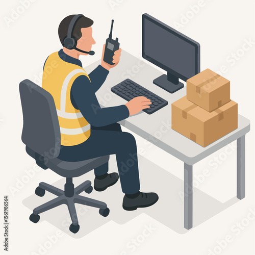 Isometric Person with Headset Holding Walkie Talkie at Desk Illustration. white background