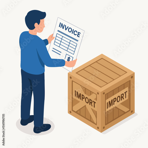 Isometric Detailed Man Checking Invoice Documents Inside Wooden Crate Illustration. white background