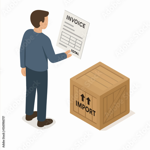 Isometric Detailed Man Checking Invoice Documents Inside Wooden Crate Illustration. white background