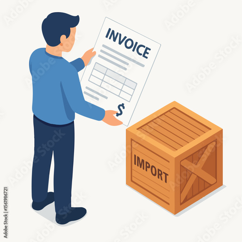 Isometric Detailed Man Checking Invoice Documents Inside Wooden Crate Illustration. white background