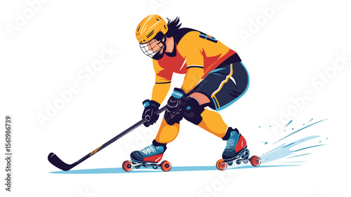 Professional Skater in Helmet Playing Roller Hockey - Action Shot