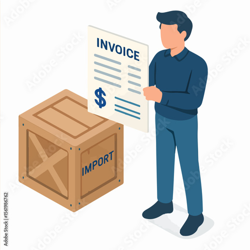 Isometric Detailed Man Checking Invoice Documents Inside Wooden Crate Illustration. white background