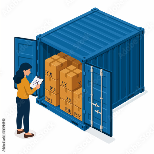 Isometric Detailed Woman Checking Cargo Container with Cardboard Boxes Illustration. white background