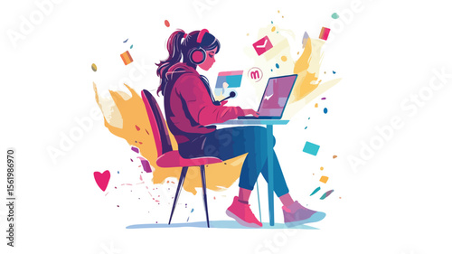Professional Streamer Recording Video at Laptop, Content Creator Concept