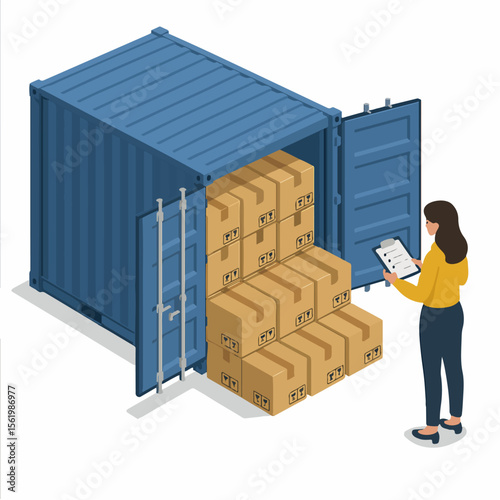 Isometric Detailed Woman Checking Cargo Container with Cardboard Boxes Illustration. white background