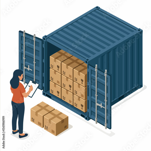 Isometric Detailed Woman Checking Cargo Container with Cardboard Boxes Illustration. white background