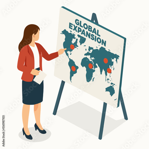 Flat Style Female Presenter Explaining Global Expansion Plan on World Map. white background