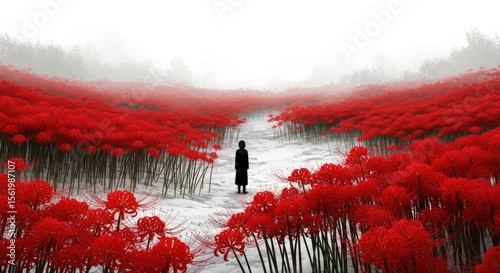 Person in Red Spider Lily Field