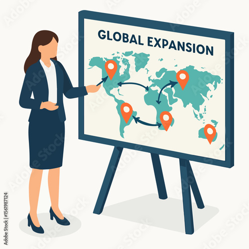 Flat Style Female Presenter Explaining Global Expansion Plan on World Map. white background