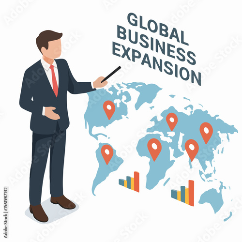 Flat Style Man Presenting Global Business Expansion on World Map Illustration. white background