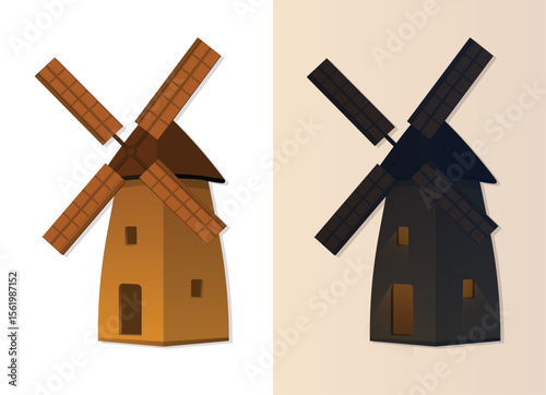 Windmill fan day ang night clip art, cartoon old style wind mill buildings, vector village wooden tower