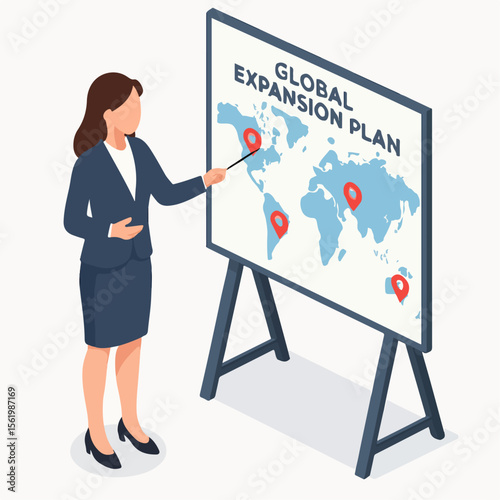 Flat Style Female Presenter Explaining Global Expansion Plan on World Map. white background
