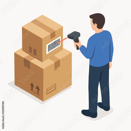 Isometric Man Scanning Barcode on Cardboard Box Logistics Illustration. white background