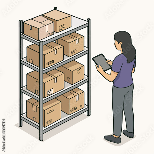 Isometric Style Woman Inspecting Boxes On Rack In Warehouse Illustration. white background