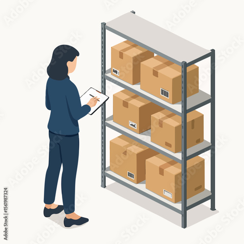 Isometric Style Woman Inspecting Boxes On Rack In Warehouse Illustration. white background