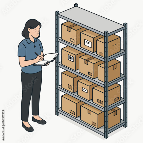 Isometric Style Woman Inspecting Boxes On Rack In Warehouse Illustration. white background