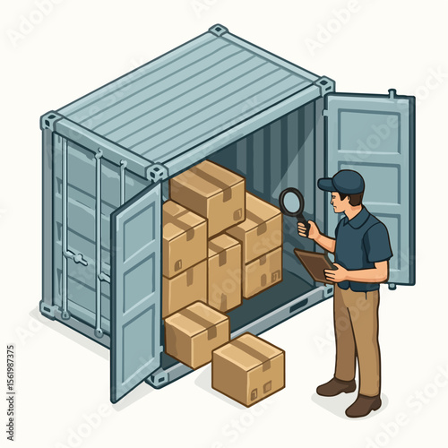 Isometric Style Man Inspecting Boxes Inside Shipping Container Illustration. white background