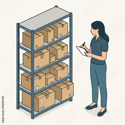 Isometric Style Woman Inspecting Boxes On Rack In Warehouse Illustration. white background