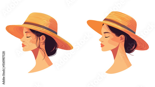 Stylish Summer Female Wearing Woven Straw Hat for Sun Protection and Fashion