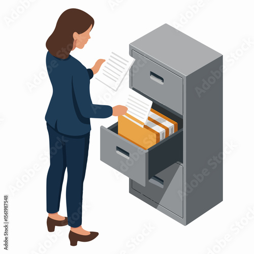 Isometric Woman Inspecting Documents in Office File Cabinet Illustration. white background