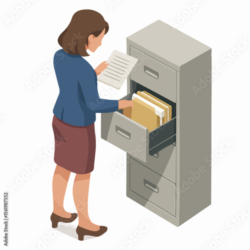 Isometric Woman Inspecting Documents in Office File Cabinet Illustration. white background