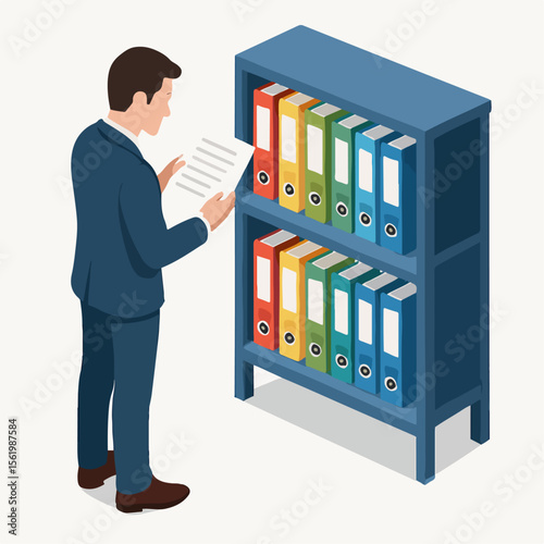 Isometric Man Inspecting Document Folders on Shelf Illustration for Micro stock. white background
