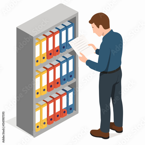 Isometric Man Inspecting Document Folders on Shelf Illustration for Micro stock. white background