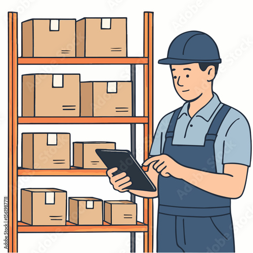 Isometric Illustration Man Inspecting Cardboard Boxes on Warehouse Rack Shelf. white background