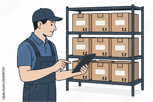 Isometric Illustration Man Inspecting Cardboard Boxes on Warehouse Rack Shelf. white background