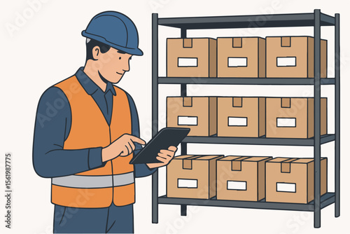 Isometric Illustration Man Inspecting Cardboard Boxes on Warehouse Rack Shelf. white background