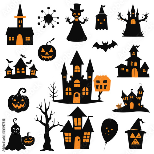 Set Halloween Elements Vector Illustration with Various Kinds 