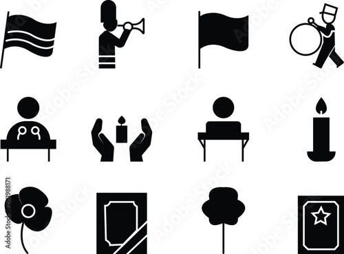 Memorial Day Silhouette icon set, A universal symbol for mourning, remembrance, memorial events, and various support causes. Tribute Symbols Military Memorial, Remember and honor, respect events