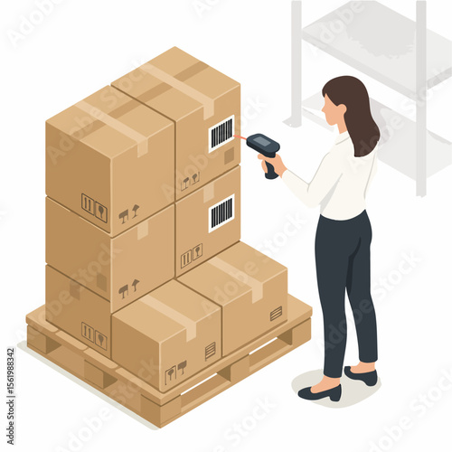 Isometric Woman Scanning Barcode on Cardboard Boxes Logistics and Distribution. white background