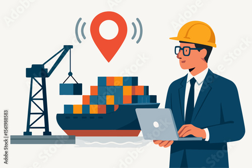 Flat Illustration Man Tracking Cargo Ship Location with Laptop Technology. white background
