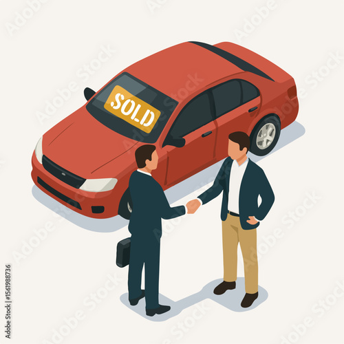 Isometric Flat Two Men Shaking Hands After Selling Car Illustration. white background
